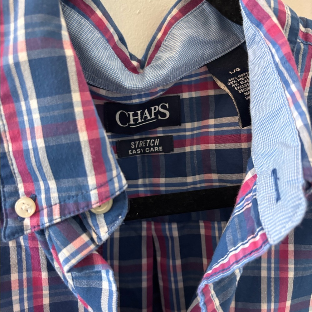 Chaps Men's Navy and Pink Plaid Button-Down Shirt - Picture 3 of 4